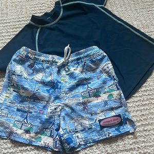 Vineyard Vines Martha’s Vineyard motif swim trunks/ coordinating rash guard